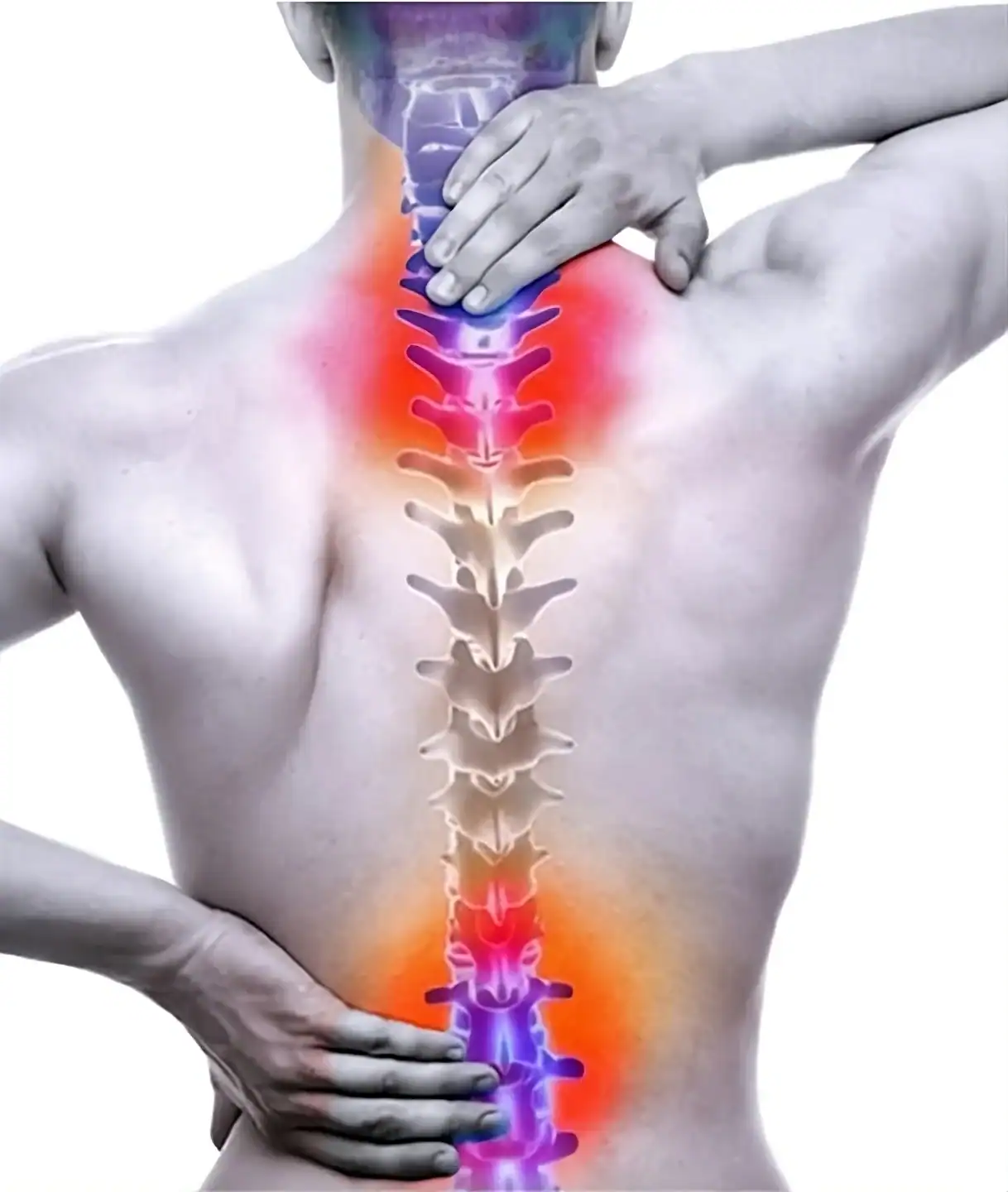 A person holding their neck and lower back with highlighted spine areas in red, orange, and purple, indicating pain or discomfort along the spine, commonly experienced during stroke recovery.