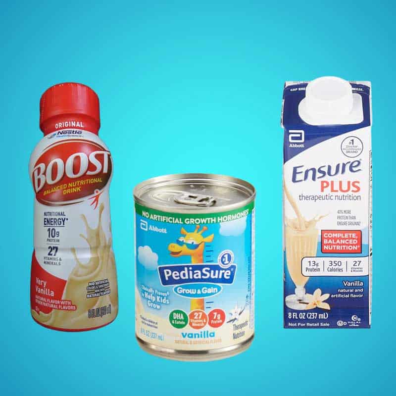 Three nutritional supplement products—Boost, PediaSure, and Ensure Plus—are displayed against a blue background, showcasing essential consumable medical supplies.