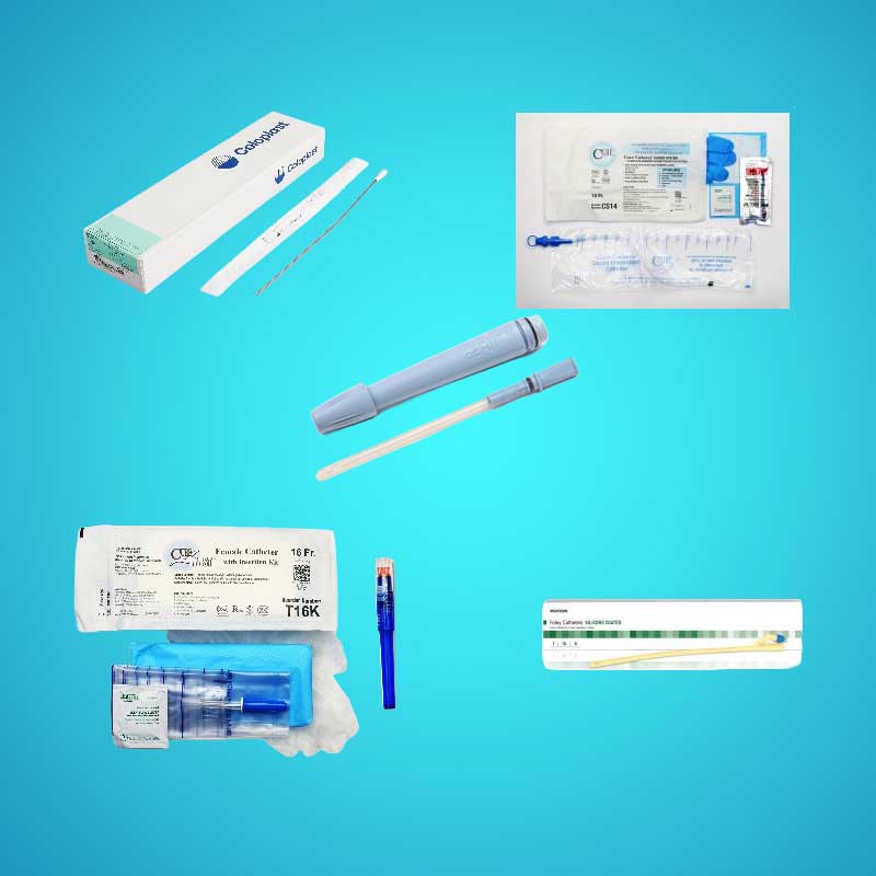 Five different types of medical swab and catheter kits are displayed on a blue background, with all packaging and components of these essential medical supplies clearly visible.
