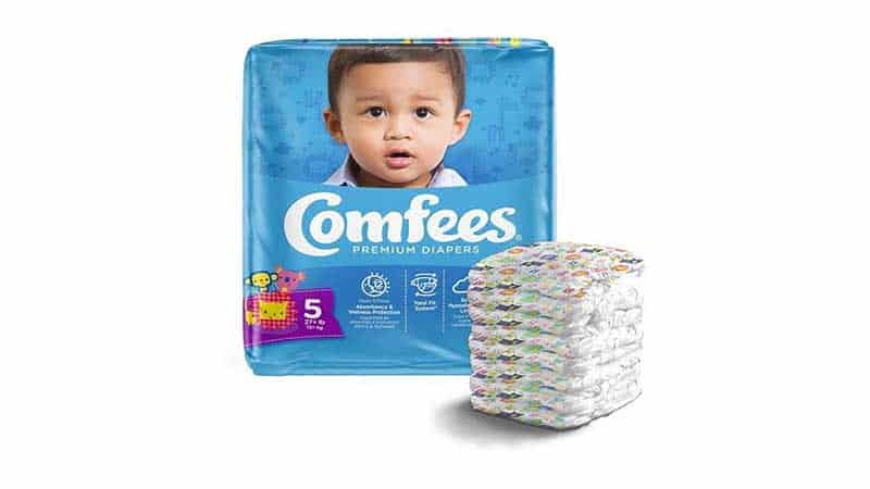 A package of Comfees premium diapers, size 5, labeled as Incontinence Supplies, features a young child on the packaging beside a stack of individual diapers with printed designs.