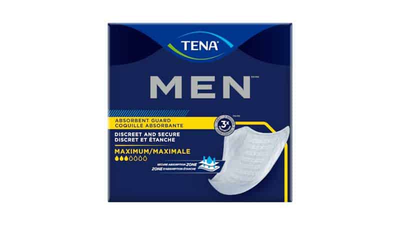 TENA Men absorbent guard packaging, featuring product image and text highlighting discreet, secure protection with maximum absorbency.