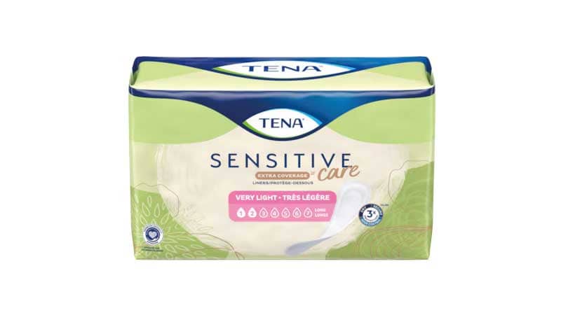 A package of TENA Sensitive Care Extra Coverage Very Light Liners, designed for light bladder leakage protection.