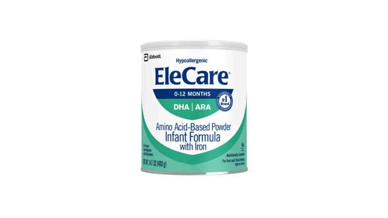 A can of EleCare hypoallergenic infant formula powder for ages 0-12 months, featuring DHA, ARA, and iron, by Abbott.