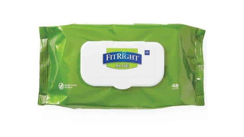 A package of FitRight Aloe wipes, green in color, sealed with a white plastic lid, containing 48 wipes.