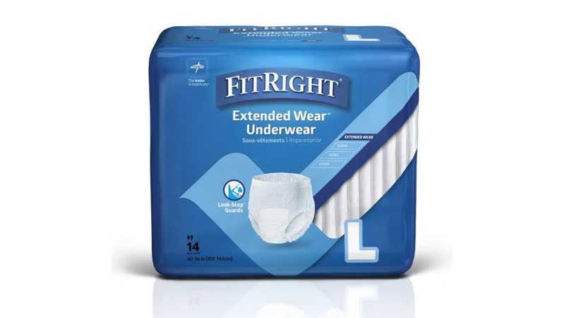 A package of FitRight Extended Wear Underwear, size large, containing 14 disposable adult briefs with leak stop guards.